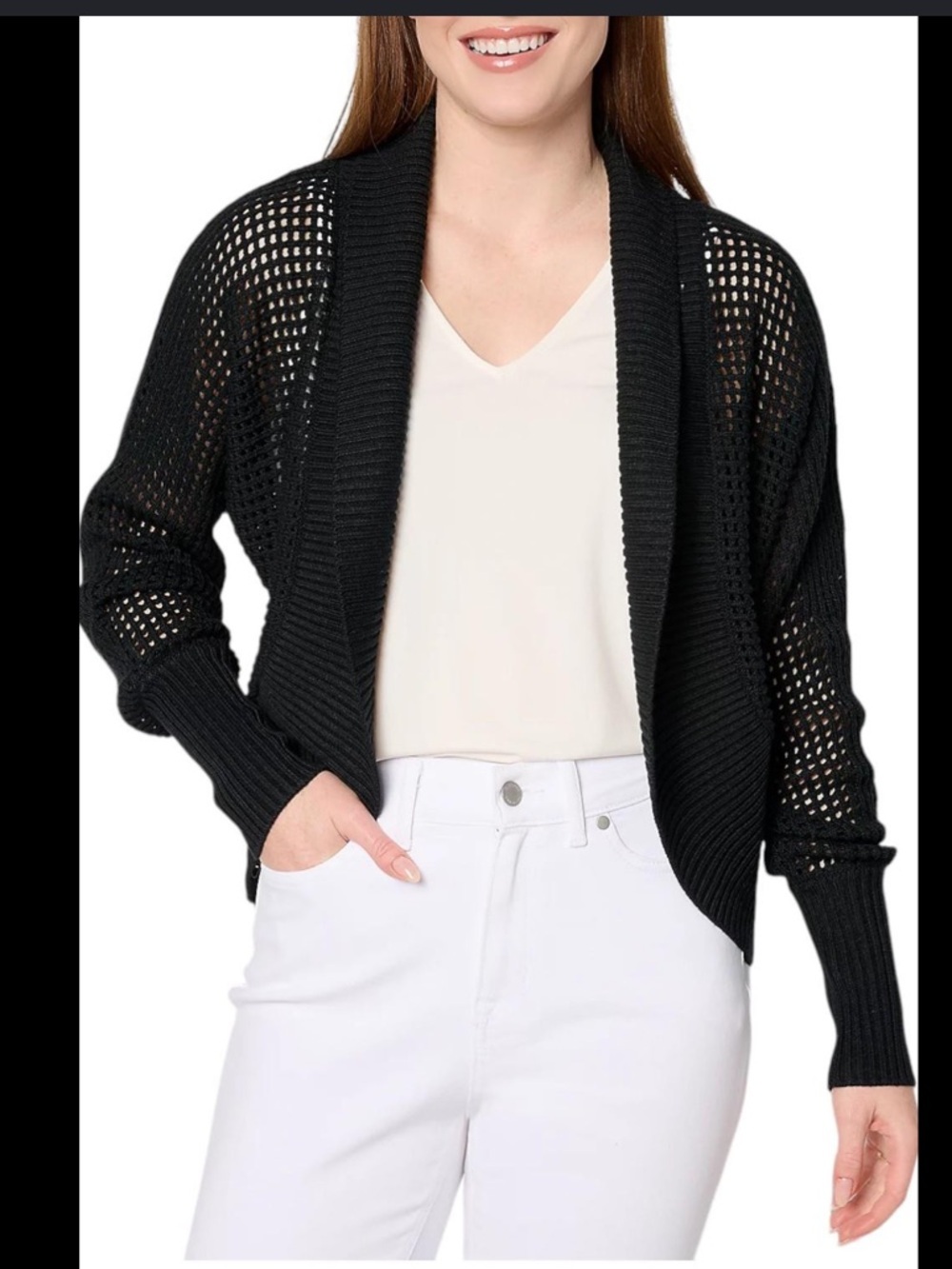 Women's Black Open-Weave Draped Shrug Cardigan